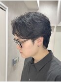 センターパート/シャドウパーマ/アッシュブラック/コンマバング