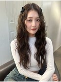 韓国ロングレイヤーカット波ウェーブヘア透明感オリーブベージュ