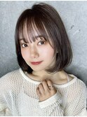オリーブベージュシースルーバングワンカールボブ大人ボブ