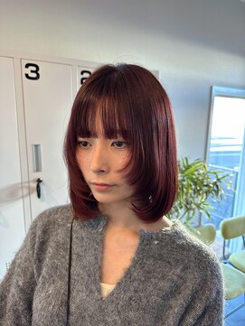 アウラヘアーサロン(aura hair salon) 顔周りジャギー×チェリーレッド
