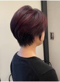 首元すっきり丸みショート×上品レッド【長津田/髪質改善】