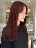暖色ロングレイヤーセンター前髪アプリコットピンクオレンジ小顔