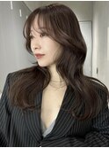 韓国ヘアレイヤーロンググレーベージュ前髪パーマ黒髪