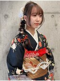成人式 編み下ろしアレンジ ヘアセット 着付け ポニーテール