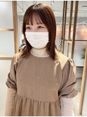 "久保田"オレンジブラウンぱつっと前髪切りっぱなしミディアム