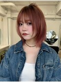 レイヤー外ハネボブイメチェンワイドバング美髪チェリーレッド3