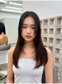 大人っぽ韓国ネイビーグレージュ前髪カット顔まわりレイヤー