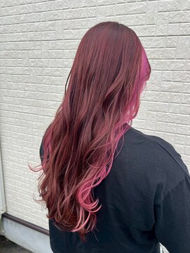 ゴデーレ(GODERE) 30代40代ミックスカラーレッド×ピンクなみなみウェーブロング