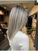 バレイヤージュ、ハイライト、レイヤーロング、グレーベージュ