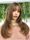 美髪カールピンクブラウン韓国レイヤーロングセミディ顔周り前髪