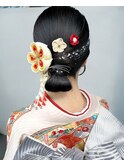 成人式振袖着物前撮りヘアセットタイトシニヨン和風アレンジ黒髪