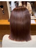 切りっぱなしセミロング水素カラーローズピンク髪質改善カラー