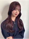 カシスレッドカラー 韓国風くびれヘア 顔周りカット 20代 艶髪