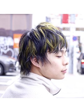 ヘアー アイス ルーチェ(HAIR ICI LUCE) デザインカラー 蛍光グリーンイエロー ウルフ メンズカット