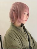 ハイトーン切りっぱなしショートボブミルクティーピンクベージュ