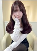 ピンクブラウンロングレイヤーナチュラルレイヤー顔まわり