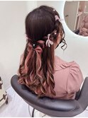 編み込みハーフアップ×髪の毛リボン