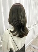 黒髪/グレーベージュ/レイヤーロング/前髪パーマ