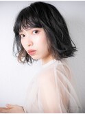イヤリングカラー外ハネカール黒髪小顔ボブパーマz上尾20代30代