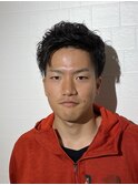強パーマのアップバングショートツーブロックヘア