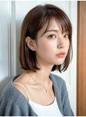 大人可愛い 内巻きボブ 暗髪 前髪あり ストレートツヤ髪ボブ