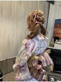 編み込みツインテール+浴衣着付