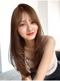 オリーブベージュロング前髪カット顔周りレイヤー_F41244