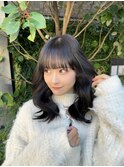 小顔薄めバンググレージュレイヤーロング前髪パーマ黒髪