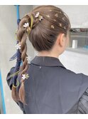 ツインポニーテールアレンジ　リボンアレンジ　ヘアセット　着物