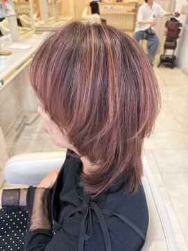 アッシュ 仙川店(Ash) 50代白髪ぼかしハイライト×艶ピンクベージュ顔周りレイヤー