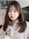 ロング顔周りレイヤー韓国ヘアココアベージュ_F1278