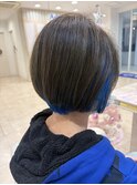 インナーカラー　ブリーチ　ブルー　グラボブ