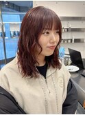 ウェーブパーマ パーマ ボルドー 暖色カラー ブリーチなし
