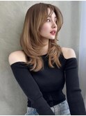 レイヤーカットワンカールセミディシアカラーオリーブベージュ
