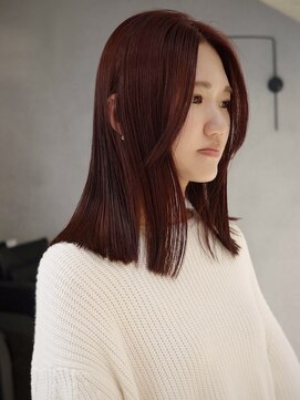 ぱつっとセミロング×暖色カラー