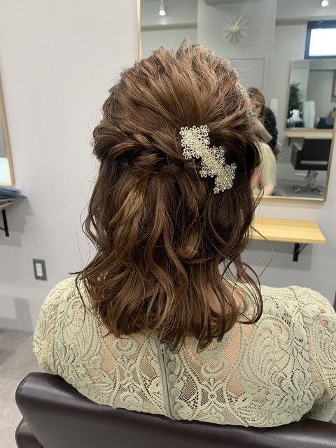 結婚式パーティーヘアセット編み込みハーフアップヘアセット