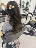 ハーフアップフェミニンロングウェーブ着物ヘア卒業式