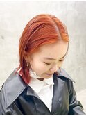 オレンジカラーケアブリーチダブルカラー前髪なしボブ髪質改善