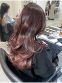 レッドブラウン　バイオレットカラー　艶髪ロング　巻き髪