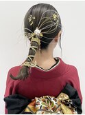 卒業式 成人式 振袖 袴着付け ヘアセット 金箔 水引 一束ヘア