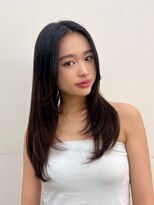 大人っぽ韓国ネイビーグレージュ前髪カット顔まわりレイヤー