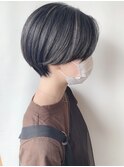 黒髪ハイライト/ハンサムショート/前髪なし20代30代40代髪型