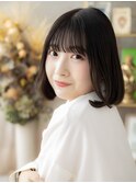 内巻きボブ/丸みボブ/ダークアッシュ/小顔カット/ぱっつん前髪g
