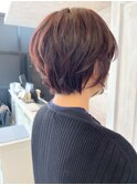 福山人気大人ショートふんわりパーマピンクブラウン骨格補正小顔