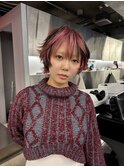 ピンク×ココアブラウンのショートウルフ