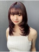顔周りレイヤー/レッド/赤/暖色/小顔/前髪/ワンカール/ロング