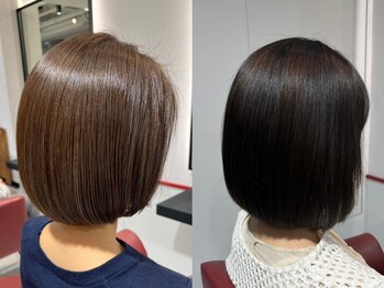 エクリ(equri×SHISEIDO)の写真/低ダメージのカラー剤で髪の負担を軽減！素早く浸透し、忙しい方にも◎ハリコシが生まれ満足な仕上がりに♪