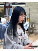 ネイビーカラーブルーカラーブルージュダブルカラーぱっつん前髪