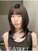 秋色オリーブカラー黒髪透明感カラーボブルフ_ba532471