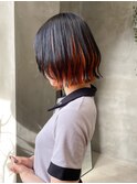 インナーカラーオレンジカラー顔周りレイヤーボブヘアーデザイン